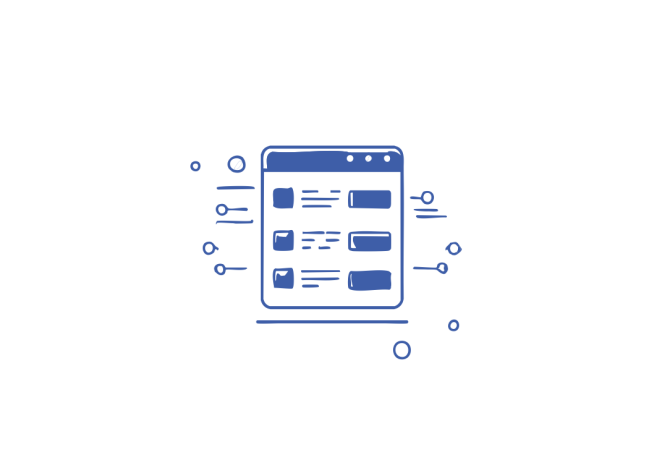 Blue and white illustration of a smartphone showing a list interface with icons around it.