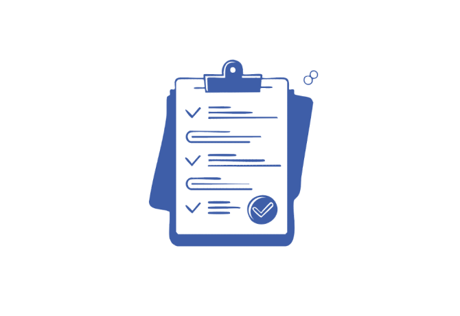 Blue clipboard with a checklist and pen icon on a white background.