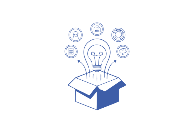 Lightbulb and idea icons emerging from an open blue box.