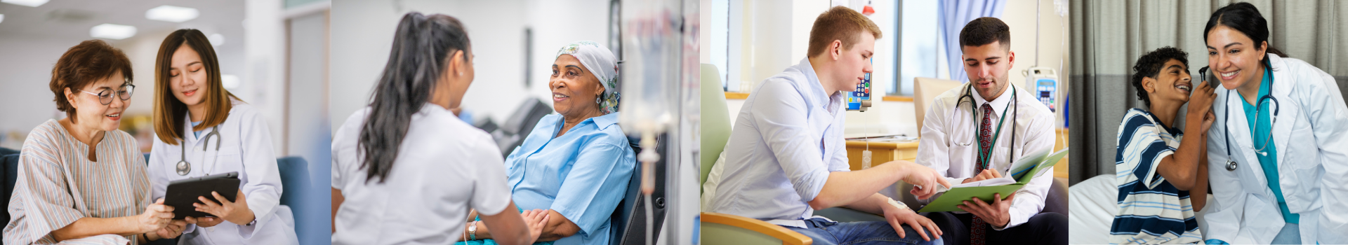 a collage of four pictures illustrating four experiences of care; an elderly person and a health care professional holding a tablet, a nurse back on to the camera talking to a patient wearing a head wrap, a patient and health care professional looking at a chart, and a young child using an otoscope to look in the ear of a health care professional. All are smiling.